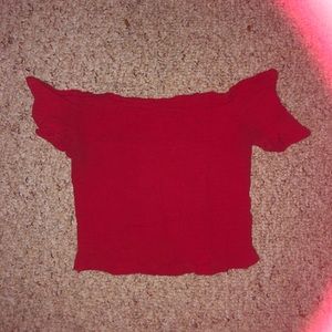off shoulder red shirt